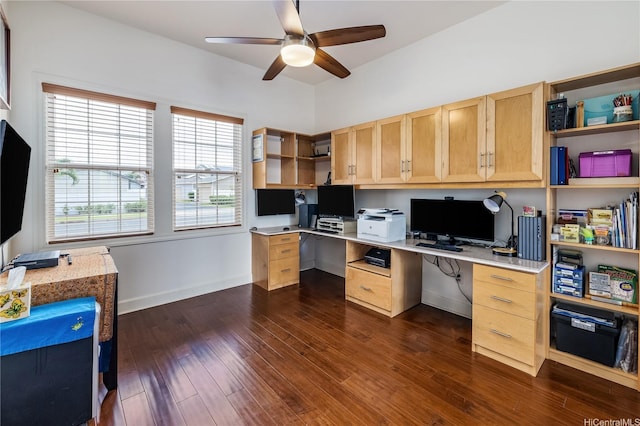 91-1338 Kaiokia St, Ewa Beach, HI 96706 - office area featuring built in desk, ceiling fan, and dark wood finished floors