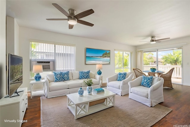 91-1058 Kekuilani Loop Unit 1605, Kapolei, HI 96707 - living room featuring a ceiling fan, cooling unit, and dark wood-style floors