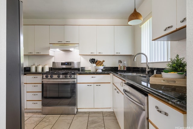 91-1058 Kekuilani Loop Unit 1605, Kapolei, HI 96707 - kitchen with stainless steel appliances, a sink, under cabinet range hood, light marble finish flooring, and white cabinets