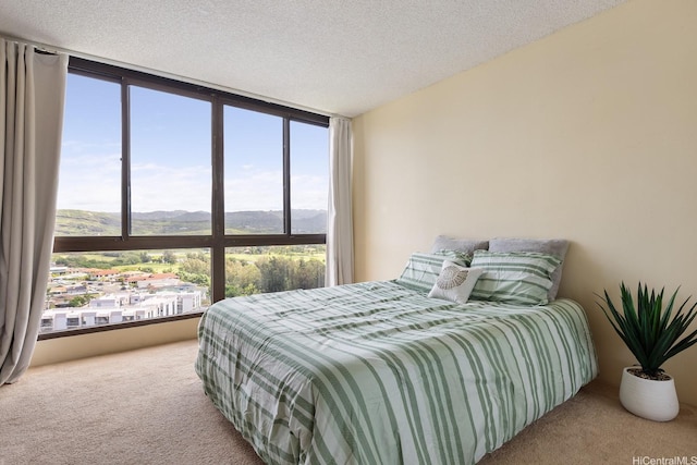 5070 Likini St Unit 1409, Honolulu, HI 96818 - carpeted bedroom featuring a mountain view, floor to ceiling windows, and a textured ceiling