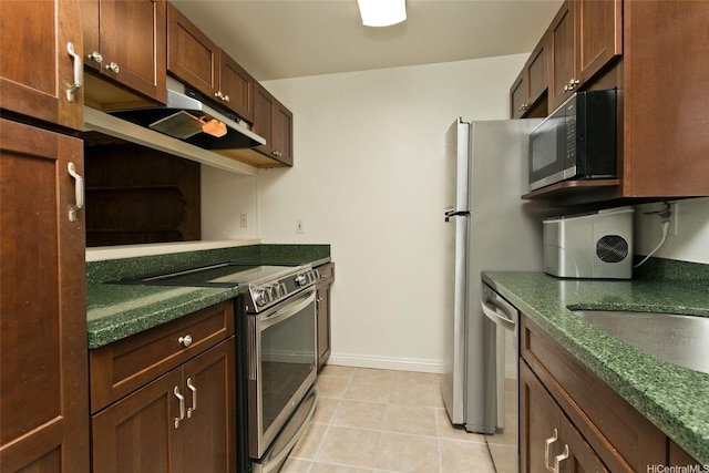 92-1045 Lalahi St Unit 102, Kapolei, HI 96707 - kitchen featuring appliances with stainless steel finishes, light tile patterned flooring, under cabinet range hood, baseboards, and open shelves