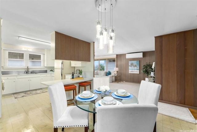 3483 Ala Hinalo St, Honolulu, HI 96818 - dining room featuring wooden walls, a wall mounted air conditioner, and a chandelier