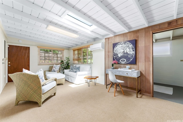 3483 Ala Hinalo St, Honolulu, HI 96818 - living area featuring a wall mounted air conditioner, light colored carpet, and wooden walls