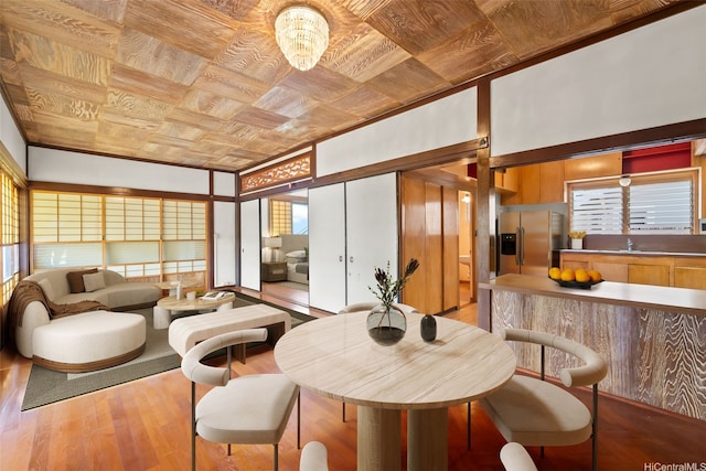 748 Ocean View Dr, Honolulu, HI 96816 - dining area featuring wood finished floors, wood ceiling, a chandelier, and an ornate ceiling