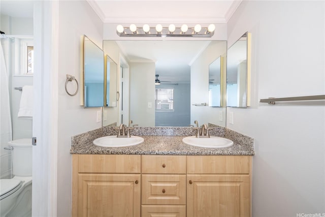 739 Kinalau Pl Unit 1, Honolulu, HI 96813 - full bathroom with crown molding, a ceiling fan, toilet, and double vanity