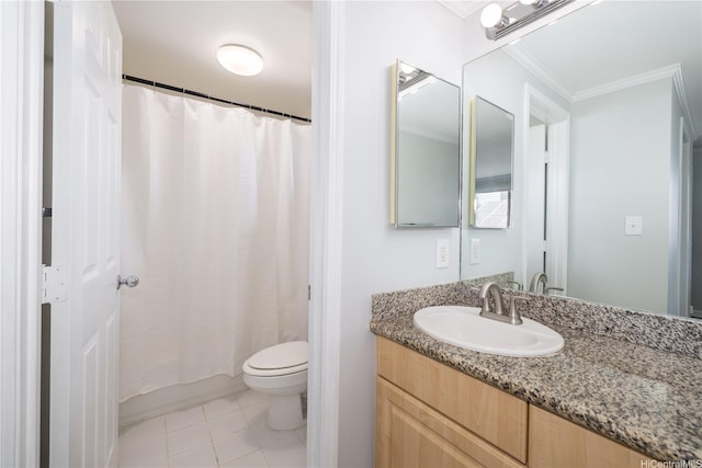 739 Kinalau Pl Unit 1, Honolulu, HI 96813 - bathroom featuring ornamental molding, vanity, toilet, tile patterned floors, and a shower with curtain