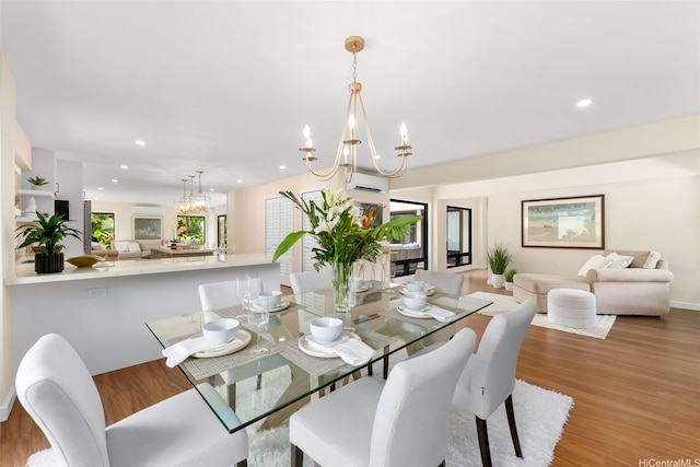 3002 Diamond Head Rd, Honolulu, HI 96815 - dining area with a chandelier, wood finished floors, recessed lighting, a wall mounted air conditioner, and baseboards