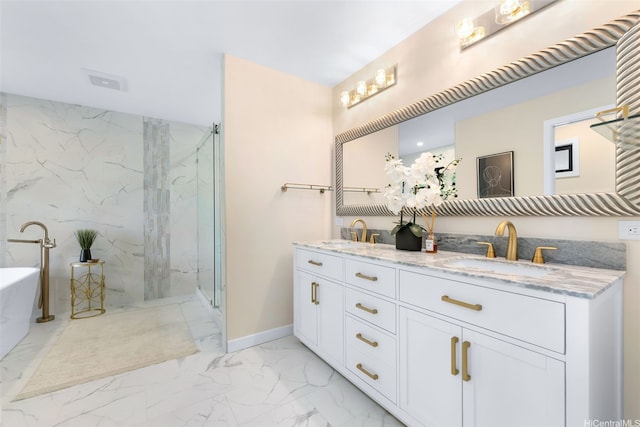 3002 Diamond Head Rd, Honolulu, HI 96815 - bathroom with marble look tiles, a marble finish shower, double vanity, a soaking tub, and baseboards