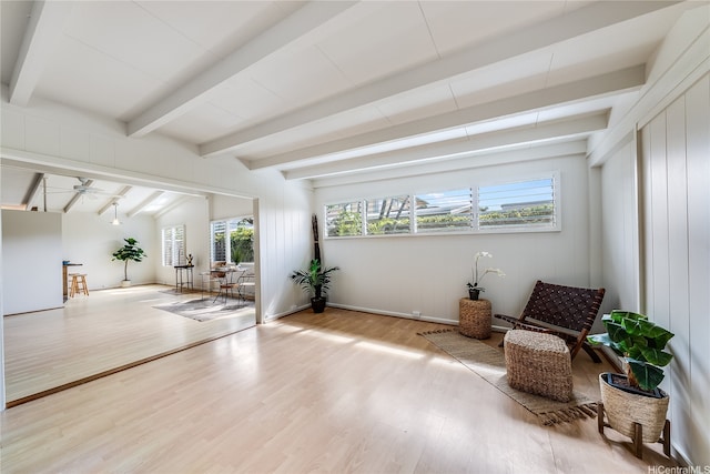 520 Papalani St, Kailua, HI 96734 - sitting room with wood finished floors, beamed ceiling, and ceiling fan