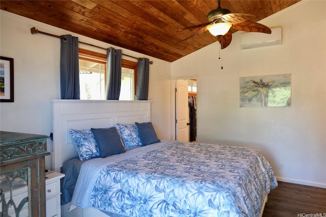 51-416 Kamehameha Hwy Unit A, Kaaawa, HI 96730 - bedroom featuring wooden ceiling, a wall unit AC, lofted ceiling, dark wood-type flooring, and baseboards