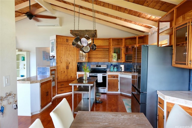51-416 Kamehameha Hwy Unit A, Kaaawa, HI 96730 - kitchen featuring appliances with stainless steel finishes, an AC wall unit, brown cabinets, dark wood-style floors, and wooden ceiling with exposed beams