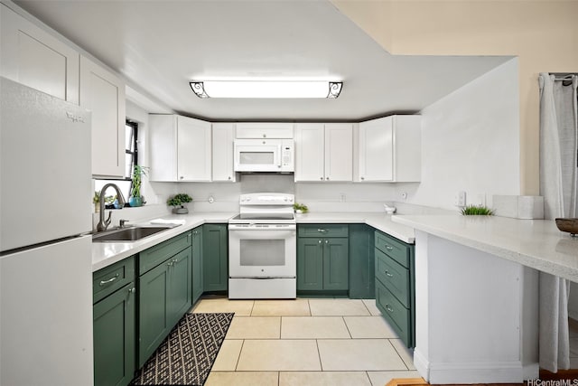 738 Palani Ave Unit 401, Honolulu, HI 96816 - kitchen with white appliances, green cabinetry, a sink, white cabinets, and light countertops