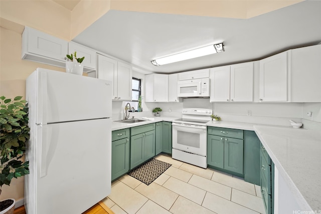 738 Palani Ave Unit 401, Honolulu, HI 96816 - kitchen with white appliances, green cabinets, a sink, white cabinets, and light countertops