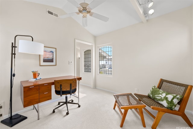 521 Prospect St, Honolulu, HI 96813 - home office with ceiling fan, lofted ceiling, light carpet, and baseboards