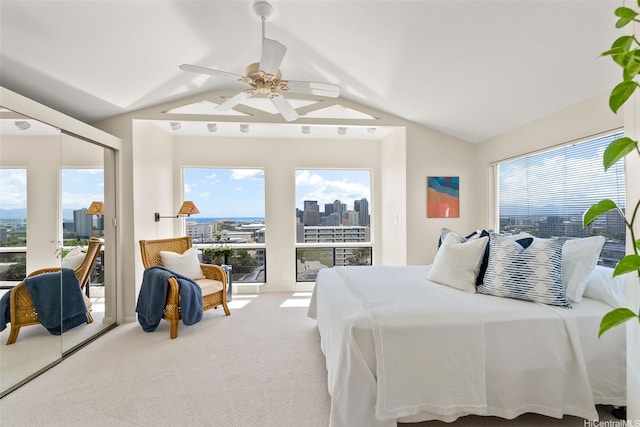 521 Prospect St, Honolulu, HI 96813 - bedroom with lofted ceiling, carpet, access to exterior, ceiling fan, and a view of city