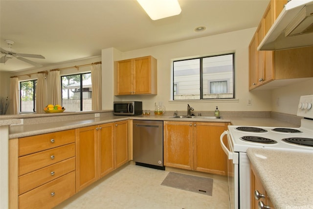 94-1014 Makakoa Loop, Waipahu, HI 96797 - kitchen with appliances with stainless steel finishes, under cabinet range hood, a sink, light countertops, and a ceiling fan