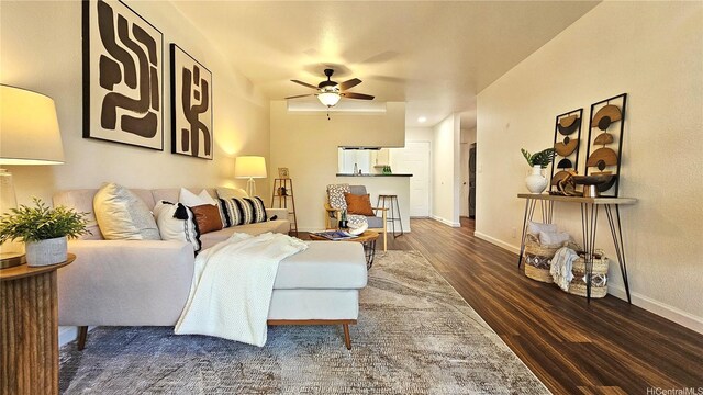 95-786 Wikao St Unit M103, Mililani, HI 96789 - living room featuring wood finished floors and ceiling fan