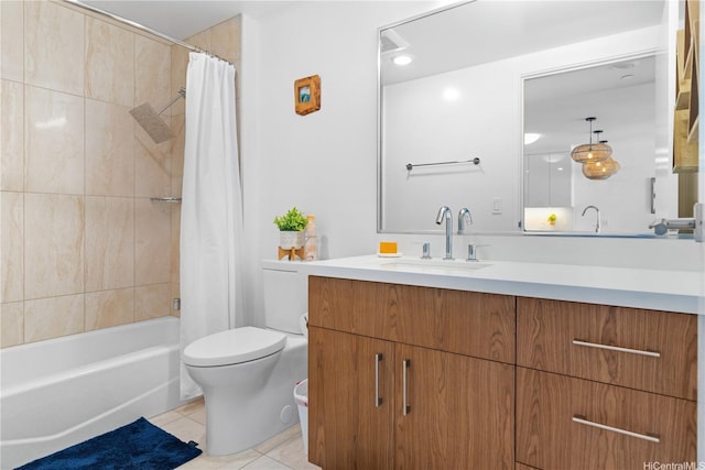 629 Keeaumoku St Unit 2505, Honolulu, HI 96814 - full bathroom featuring toilet, tile patterned flooring, vanity, and shower / bathtub combination with curtain