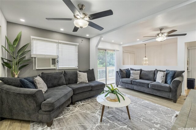 94-1090 Kuhaulua St, Waipahu, HI 96797 - living room featuring a ceiling fan, light wood-style floors, cooling unit, and recessed lighting