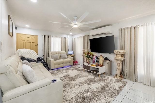 94-1090 Kuhaulua St, Waipahu, HI 96797 - living area with a wall mounted air conditioner, a ceiling fan, marble look tile flooring, and recessed lighting