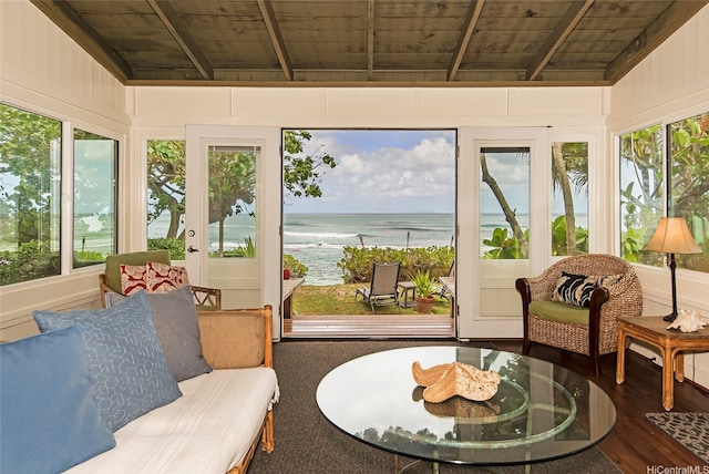 61-365 Kamehameha Hwy, Haleiwa, HI 96712 - sunroom with a water view, wooden ceiling, and wood finished floors