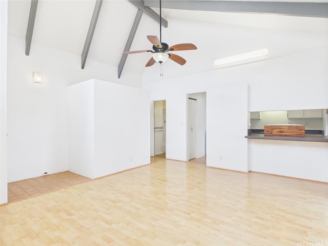 94-425 Lanikuhana Pl Unit 1100, Mililani, HI 96789 - unfurnished living room featuring wood finished floors, ceiling fan, high vaulted ceiling, and beamed ceiling