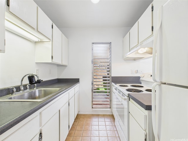 94-425 Lanikuhana Pl Unit 1100, Mililani, HI 96789 - kitchen with white appliances, a sink, under cabinet range hood, dark countertops, and white cabinets