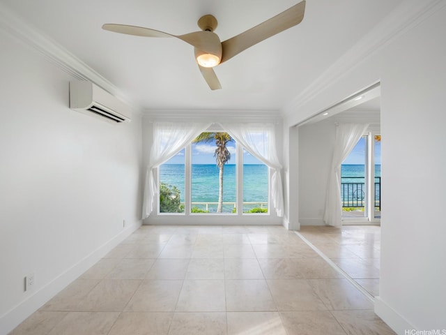 756 Mokulua Dr, Kailua, HI 96734 - tiled empty room with a wall mounted air conditioner, crown molding, a water view, and a ceiling fan