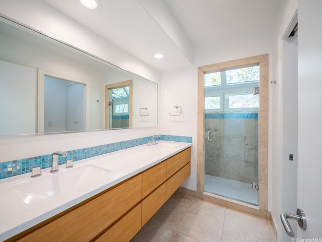756 Mokulua Dr, Kailua, HI 96734 - full bath with double vanity, a stall shower, tile patterned floors, and recessed lighting