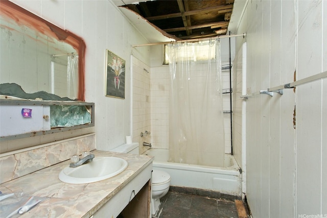 756 Iaukea St, Honolulu, HI 96813 - bathroom with toilet, shower / bath combo with shower curtain, vanity, and wooden walls