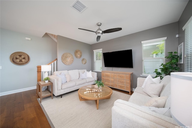 91-1124 Kai Oio St, Ewa Beach, HI 96706 - living room with wood finished floors, healthy amount of natural light, baseboards, and a ceiling fan