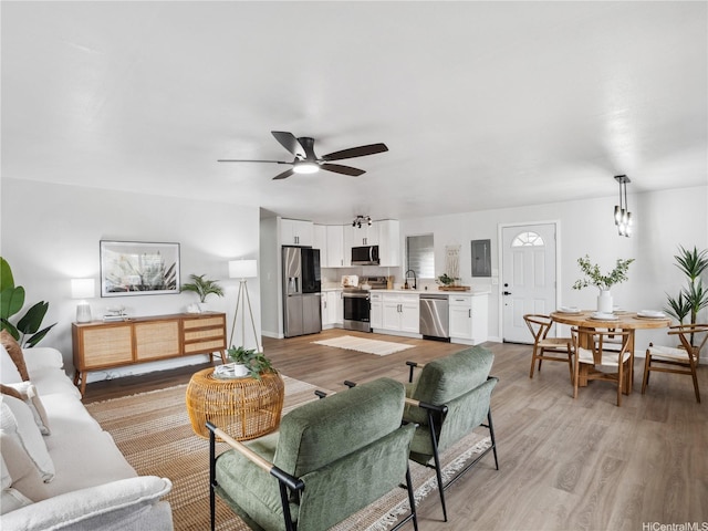87-153 Kimo St, Waianae, HI 96792 - living room featuring ceiling fan, light wood-type flooring, electric panel, and baseboards