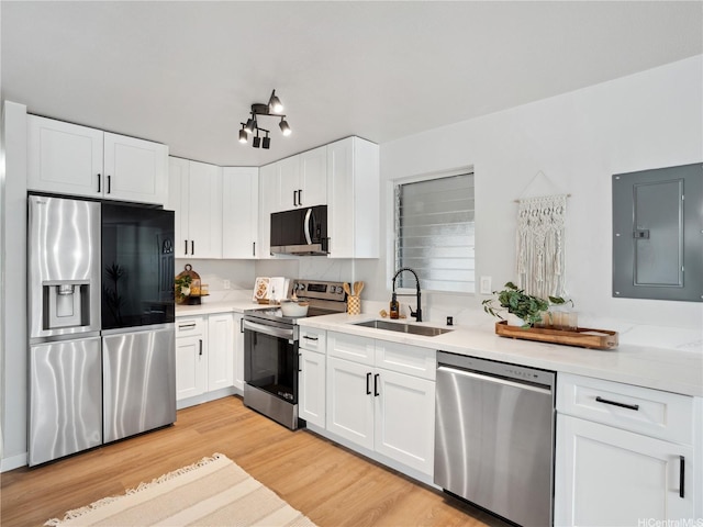 87-153 Kimo St, Waianae, HI 96792 - kitchen with stainless steel appliances, a sink, electric panel, light wood-style floors, and light countertops