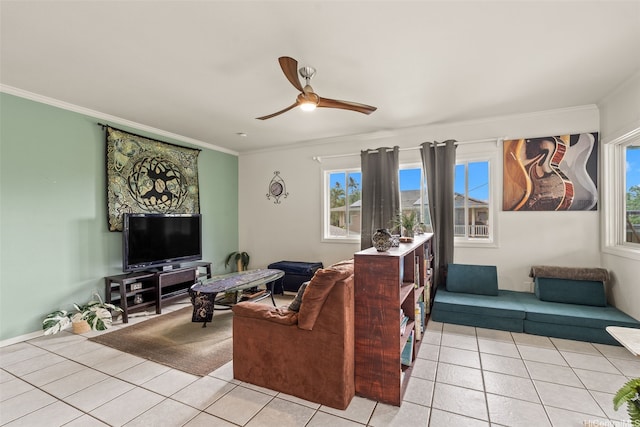 51-17 Kaaawa Pl, Kaaawa, HI 96730 - living area with light tile patterned flooring, plenty of natural light, crown molding, and a ceiling fan