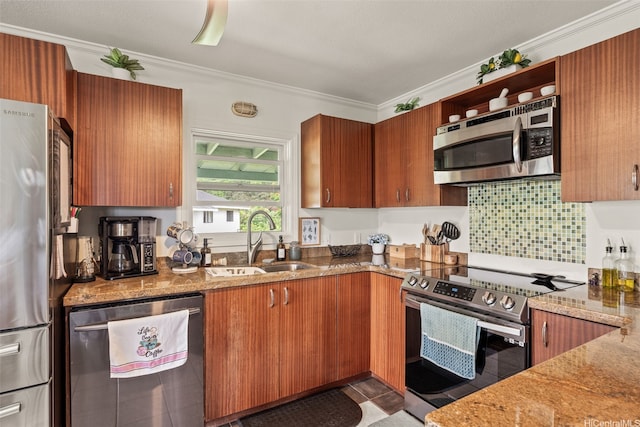 51-17 Kaaawa Pl, Kaaawa, HI 96730 - kitchen featuring appliances with stainless steel finishes, a sink, ornamental molding, open shelves, and brown cabinetry