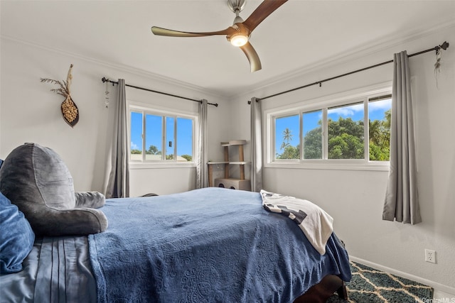 51-17 Kaaawa Pl, Kaaawa, HI 96730 - bedroom featuring ornamental molding, baseboards, a ceiling fan, and carpet flooring