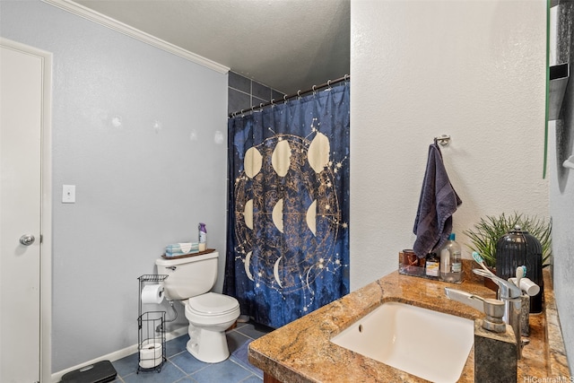 51-17 Kaaawa Pl, Kaaawa, HI 96730 - full bath with toilet, vanity, ornamental molding, tile patterned floors, and a shower with shower curtain