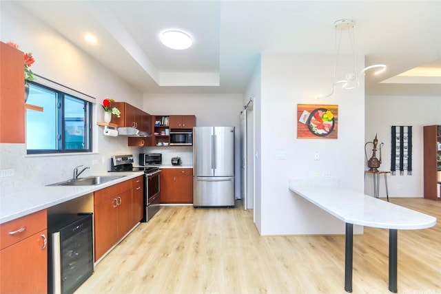 kitchen with stainless steel appliances, wine cooler, a sink, open shelves, and a raised ceiling