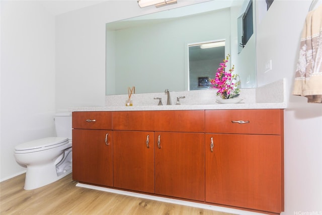 bathroom featuring wood finished floors, vanity, and toilet