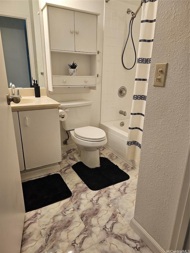 94-209 Paioa Pl Unit L 205, Waipahu, HI 96797 - full bathroom with marble finish floors, a textured wall, toilet, vanity, and shower / tub combo with curtain