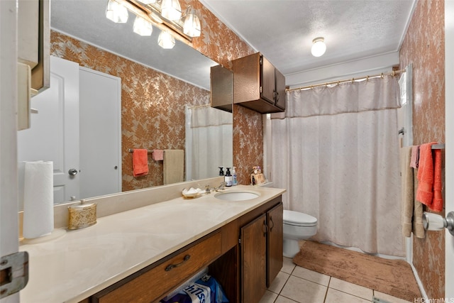 98-042 Puaalii Way, Aiea, HI 96701 - full bath with wallpapered walls, toilet, vanity, tile patterned flooring, and a textured ceiling