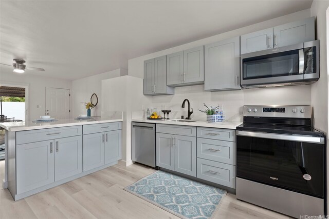 1210 Hooli Cir, Pearl City, HI 96782 - kitchen featuring appliances with stainless steel finishes, a sink, gray cabinetry, and a peninsula