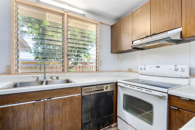 95-456 Kaelo Pl, Mililani, HI 96789 - kitchen featuring under cabinet range hood, electric range, black dishwasher, a sink, and light countertops