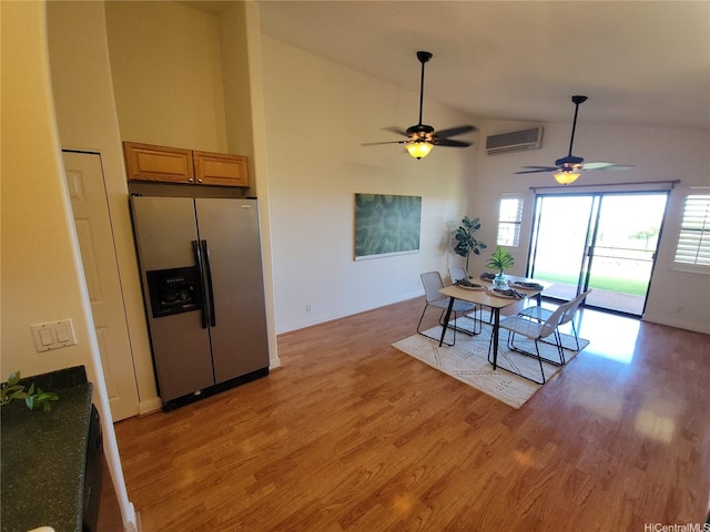 91-1565 Wahane St, Kapolei, HI 96707 - dining room with lofted ceiling, light wood-style flooring, an AC wall unit, and a ceiling fan