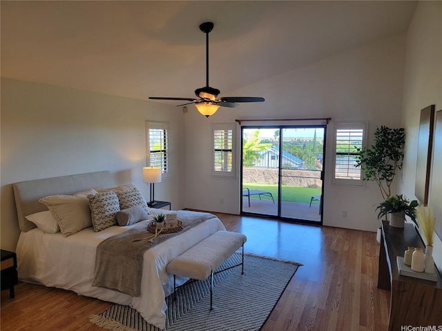 91-1565 Wahane St, Kapolei, HI 96707 - bedroom with access to exterior, wood finished floors, high vaulted ceiling, and a ceiling fan