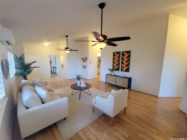 91-1565 Wahane St, Kapolei, HI 96707 - living room featuring a wall unit AC, light wood-type flooring, and ceiling fan