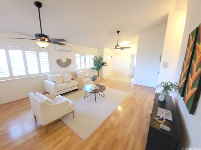 91-1565 Wahane St, Kapolei, HI 96707 - living room featuring a ceiling fan, light wood-style flooring, a wall unit AC, and vaulted ceiling