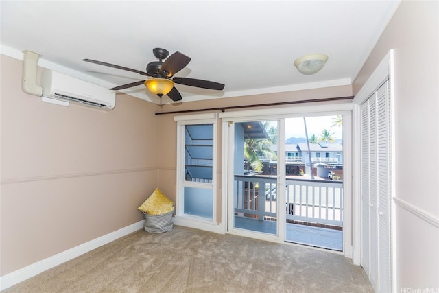 205 Koko Isle Cir Unit 403, Honolulu, HI 96825 - unfurnished room featuring a wall mounted AC, ceiling fan, carpet floors, and baseboards