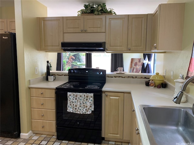 91-1020 Lahi St, Kapolei, HI 96707 - kitchen with black appliances, ventilation hood, light countertops, light brown cabinets, and light flooring