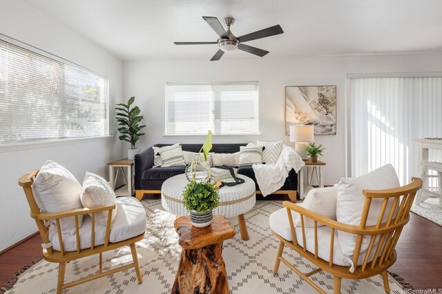 92-7049 Elele St Unit 22, Kapolei, HI 96707 - living room with a ceiling fan and wood finished floors